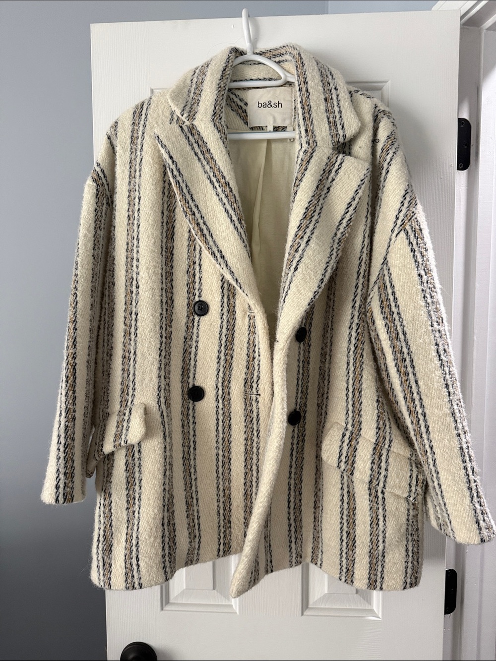 ba&sh Cream Striped Double-Breasted Pea Coat